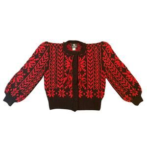 Vintage Woolies Handknit Cardigan Red & Black Fair Isle Folk Small/Med